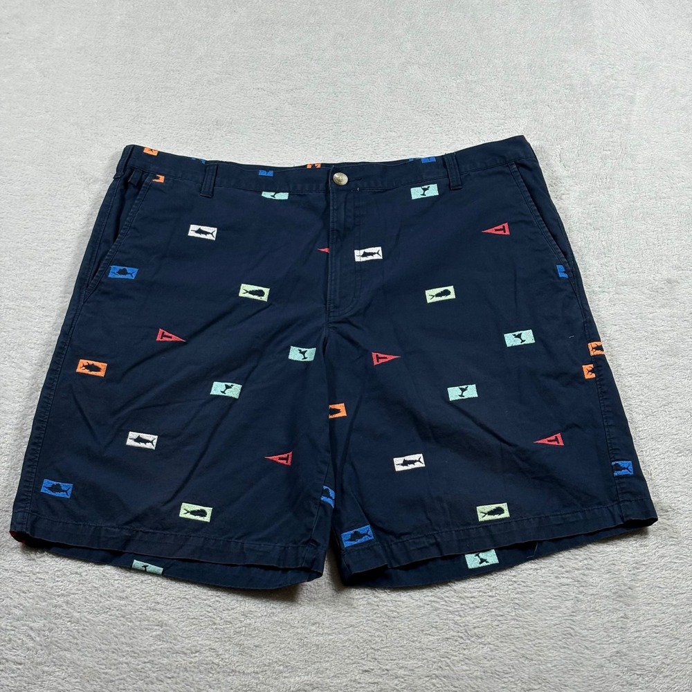 Columbia PFG Mens 40 Navy Blue Embroidered Fish Flag Nautical Cotton Shorts 10in